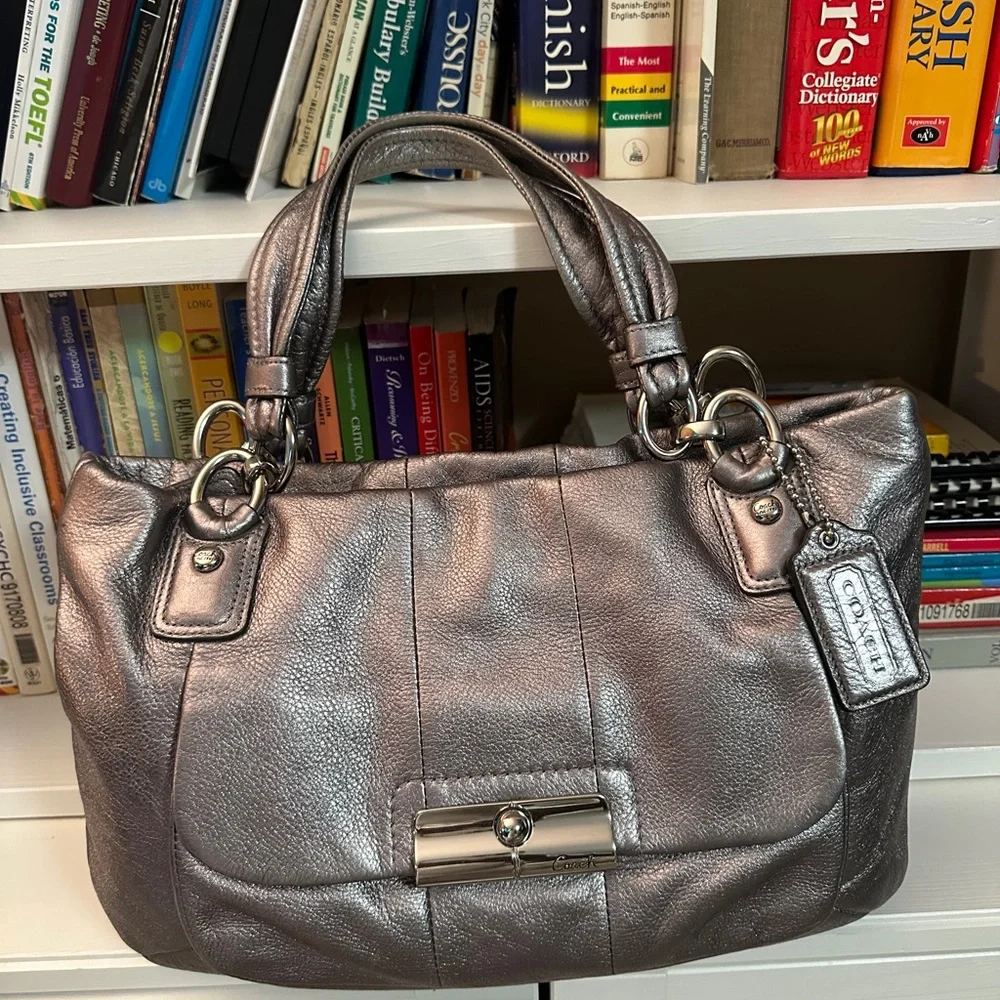COACH Metallic Silver Leather Tote Bag with Chain Detail